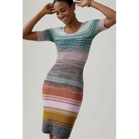 ANTHROPOLOGIE space dye striped knit fitted midi dress XS - Picture 1 of 15